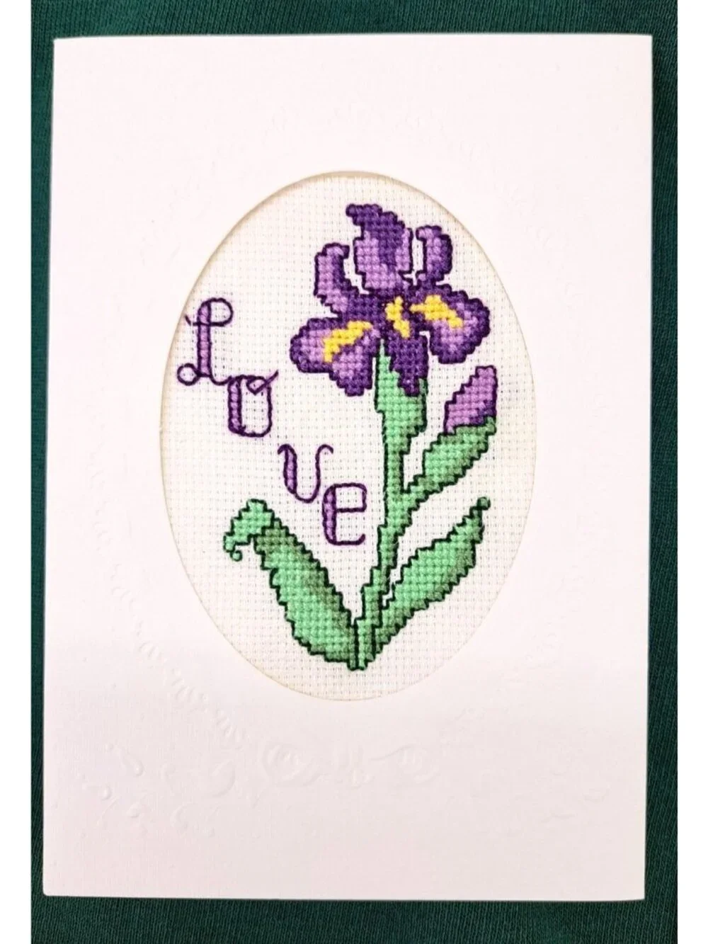 Vintage Handmade Card Counted Cross-Stitch Iris Embossed 2062 Love With Envelope